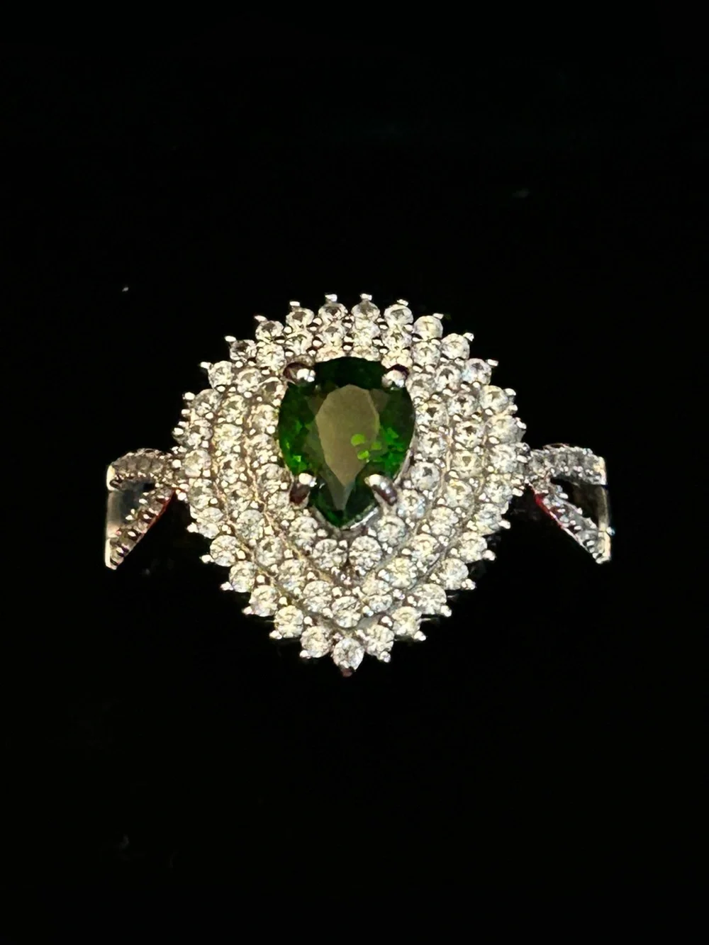 1.00CT Pear Shape Green Chrome Diopside w/1.17CT White Zircon Triple Halo Ring